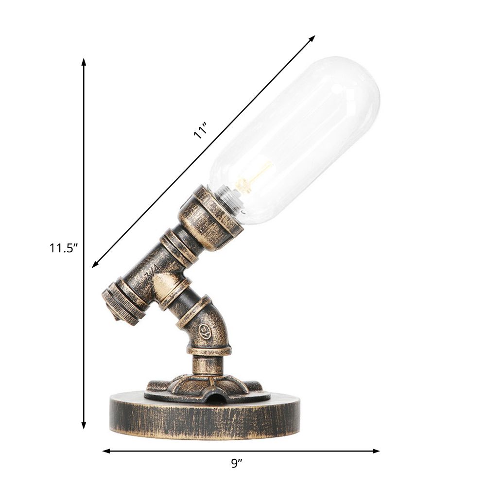 Capsule Bedroom LED Night Light Industrial Amber/Clear Glass 1 Head Nickel Table Lamp with Pipe Metal Base