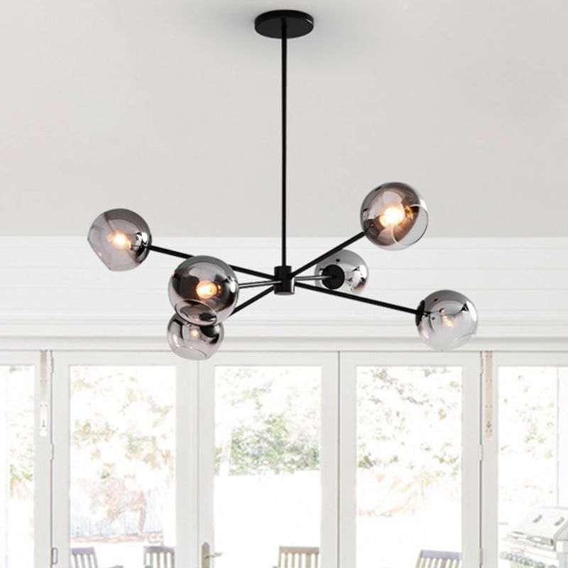 Black Round Hanging Chandelier Modernism 6 Heads Grey Glass Pendant Ceiling Light with Starburst Design