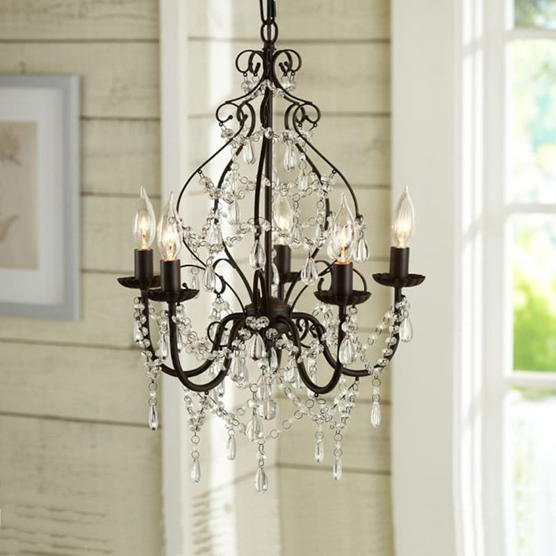 Industrial Style Crystal Chandelier Light Fixture 5 Bulbs Pendant Lamp with Flameless Candle in Black