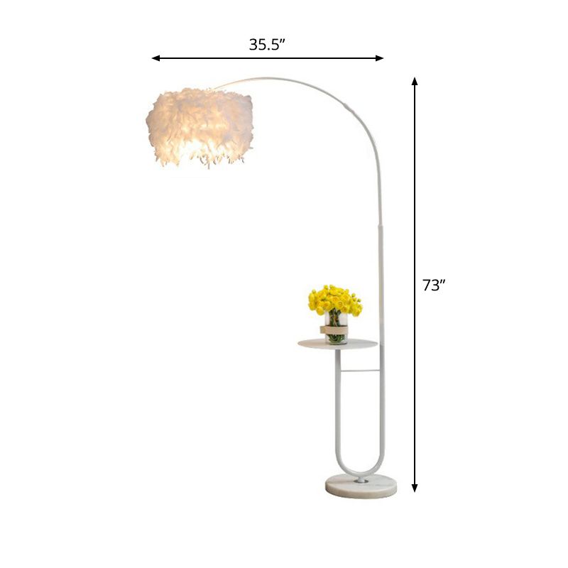 White Drum Standing Floor Lamp Simplicity Single Feather Floor Light with Tray and Arc Arm