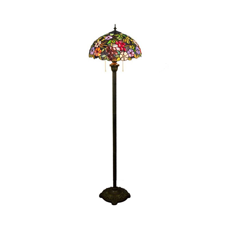 Bowl Shade Floor Lamp Antique Stained Art Glass 2 Heads Purple Standing Lighting with Grape and Flower Pattern