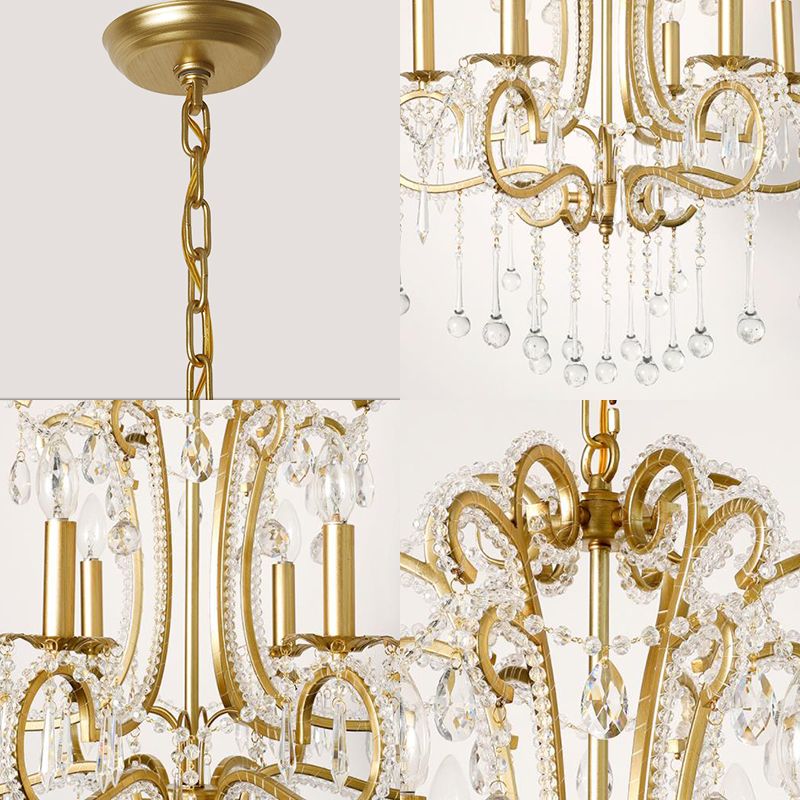 Gold Finish Candle Ceiling Pendant Light Vintage Style Crystal and Metal 6 Lights Suspension Light for Bedroom