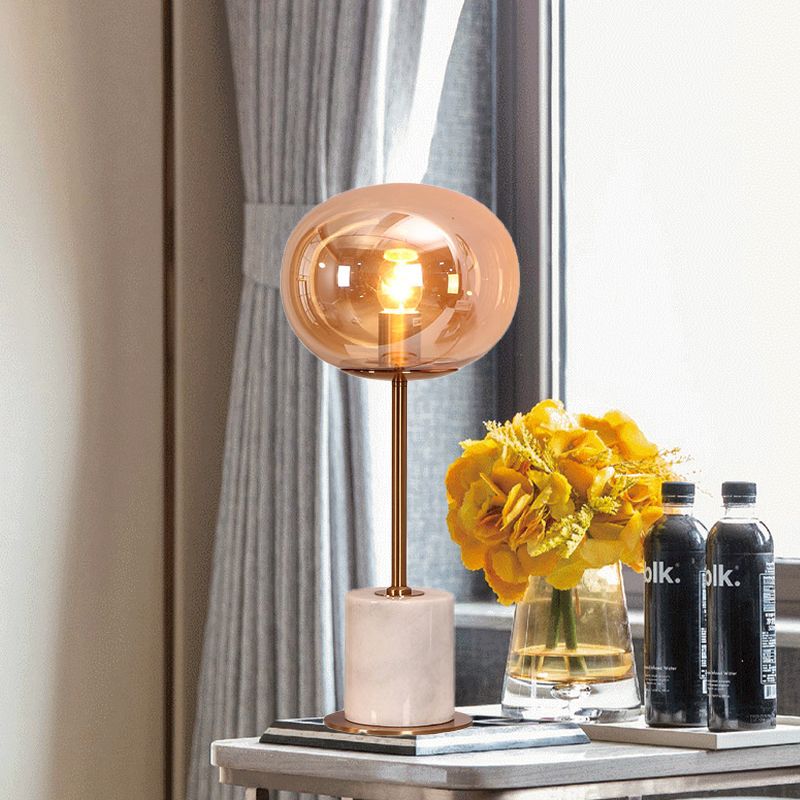 Amber Glass Oval Task Lighting Modernist 1 Head Night Table Lamp with Marble Base