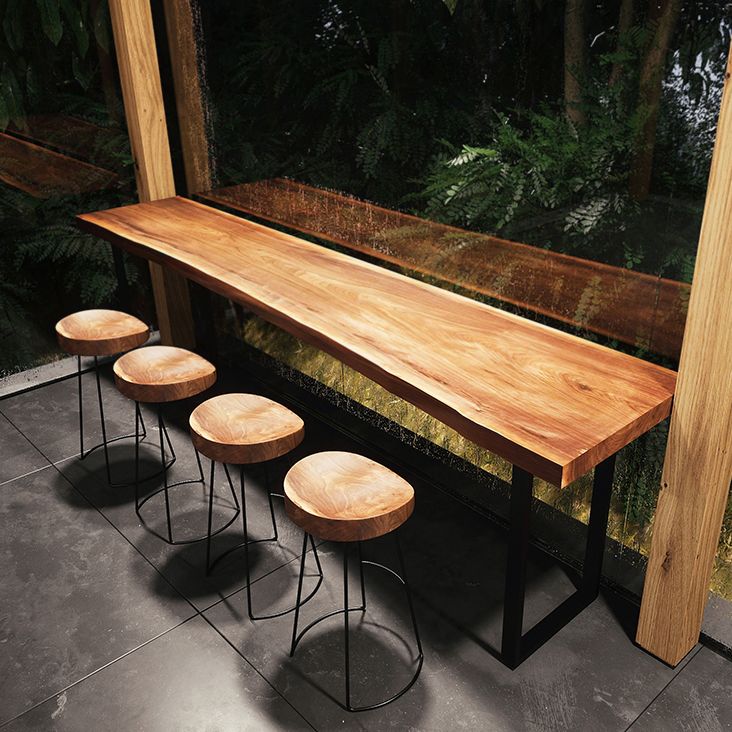 Pine Wood Top Bar Dining Table Modern Bar Table with Double Pedestal in Black