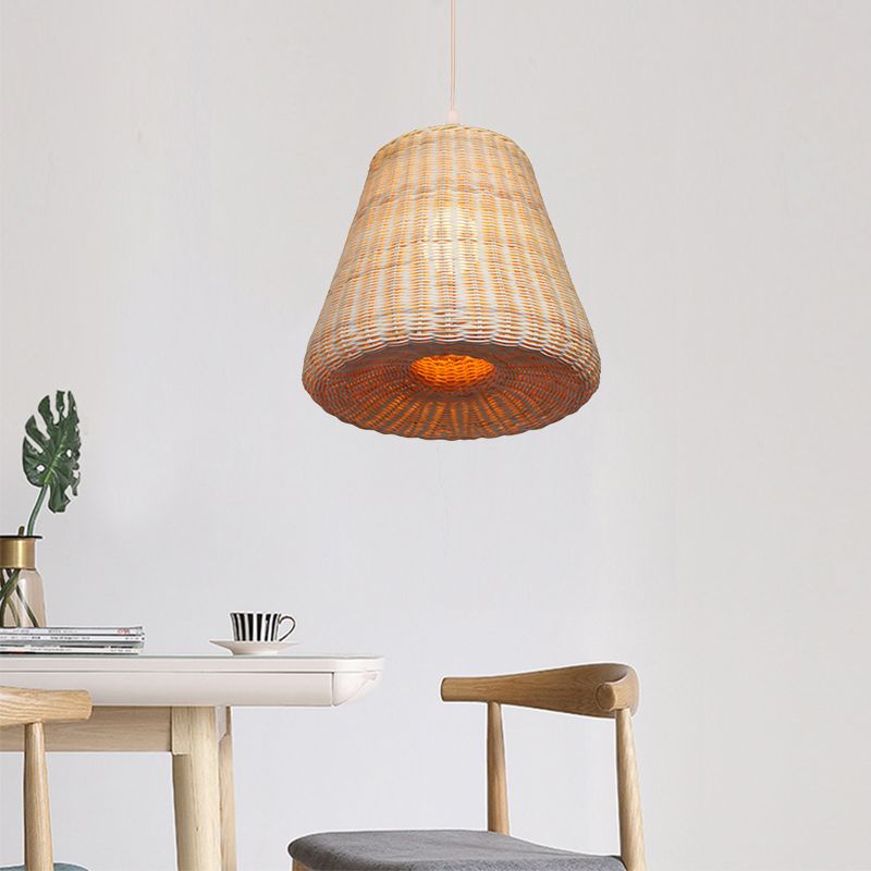 Conic Woven Rattan Suspension Light Japanese 1 Head Beige Hanging Pendant for Restaurant Dining Room