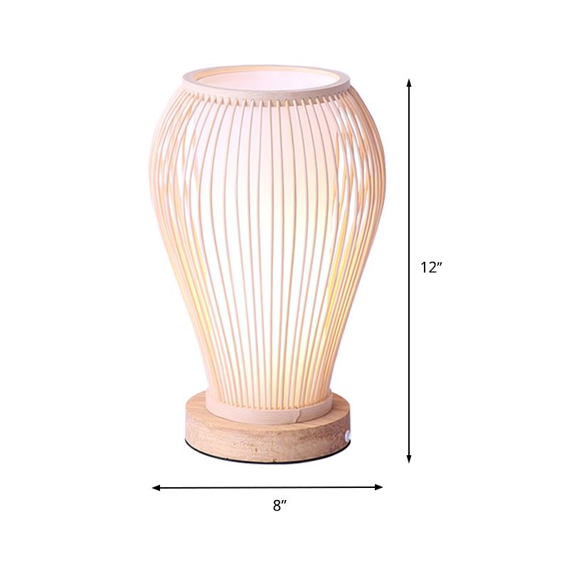 Urn Table Lamp Asian Style Bamboo Single Bulb White Desk Light with Inner Cylinder Shade