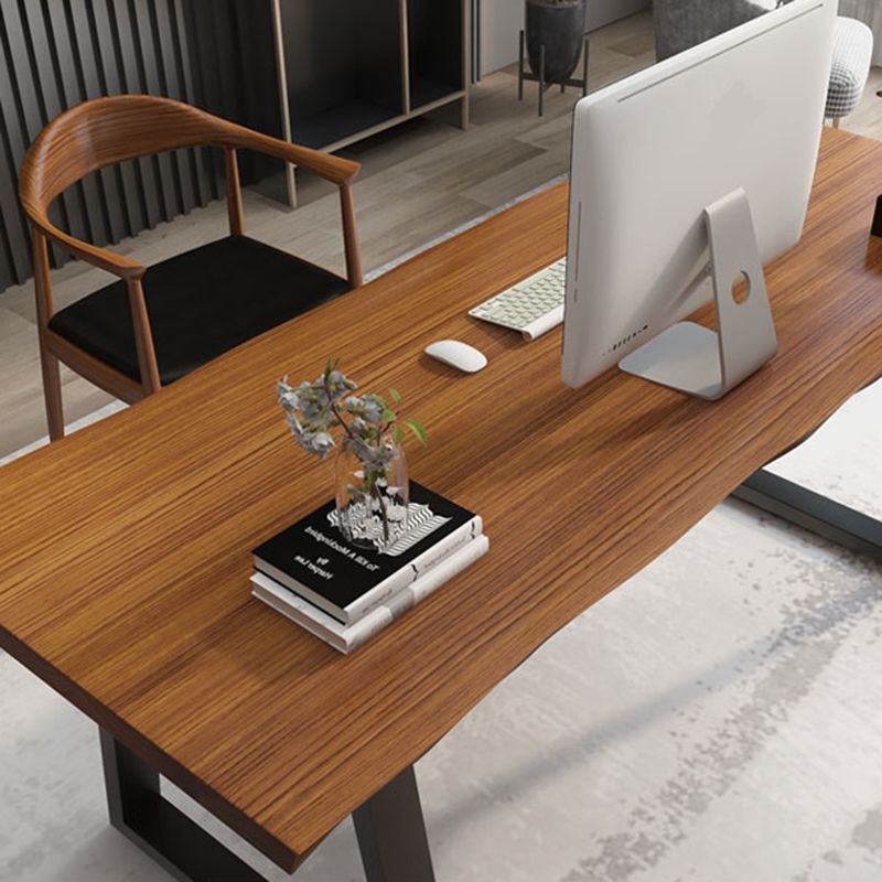 Rectangular Shaped Brown Office Desk with Black Legs for Office