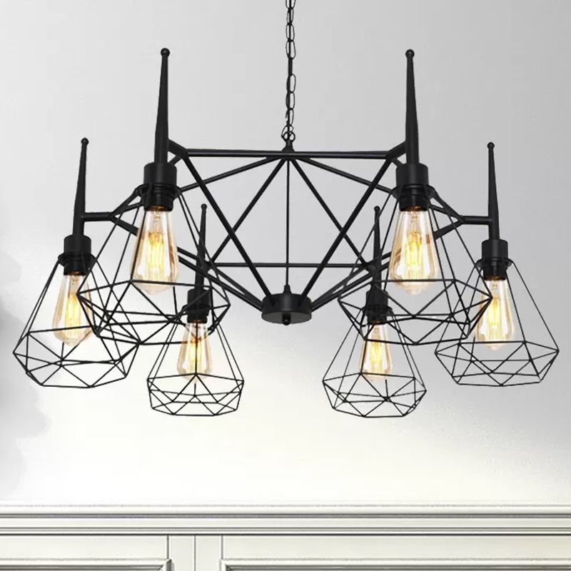 Multi Light Chandelier Lamp Retro Industrial Cage Diamond Iron Ceiling Pendant Light with Adjustable Chain in Black