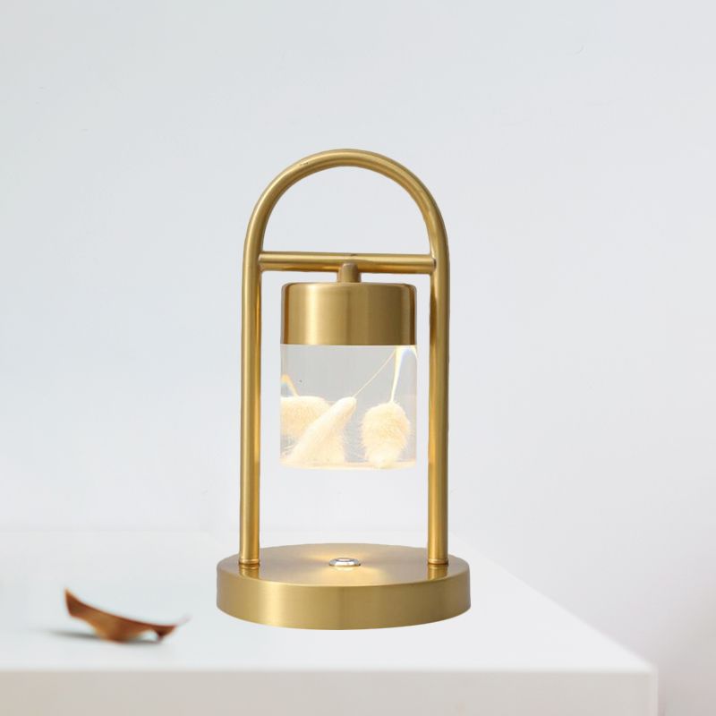 Gold Column Table Lamp Simplicity Clear Glass LED Desk Light with U-Shaped Metal Frame