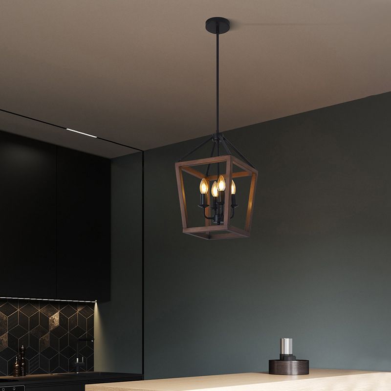 4 luces Vintage de lámpara de lámpara de lámpara de estilo industrial + marcos de madera con velas de encendido con forma de iluminación de suspensión para cafetería