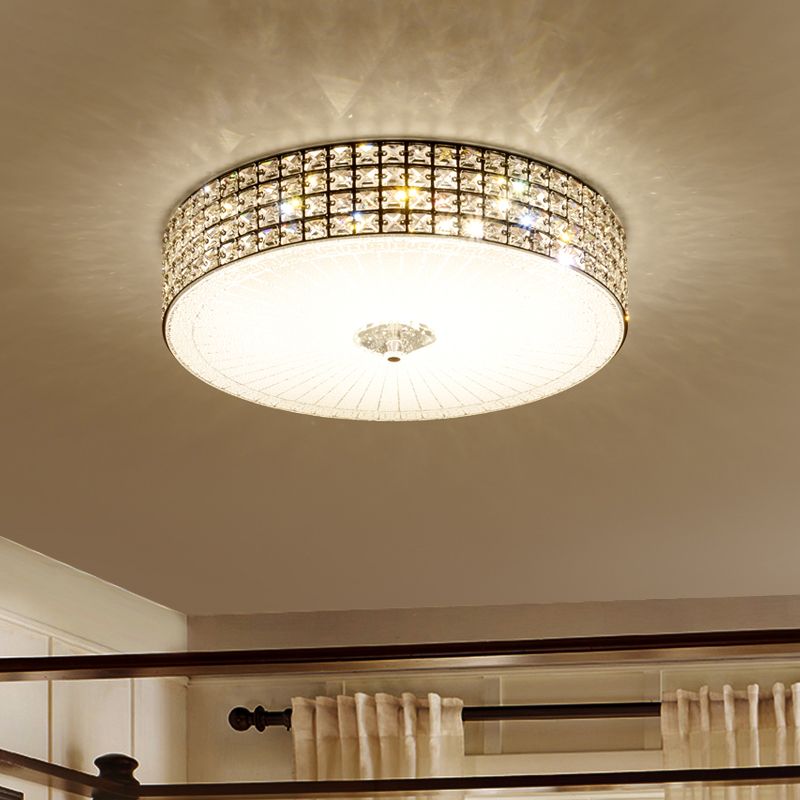 LED Flush Mount Lamp with Drum Shade Clear Crystal Modern Bedchamber Flush Ceiling Light Fixture, 16"/19.5" Width