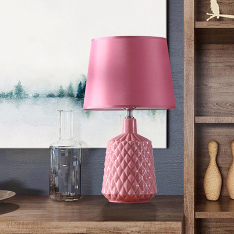 Barrel Night Table Lamp Modernism Ceramic 1 Light Living Room Nightstand Light in Pink with Fabric Shade