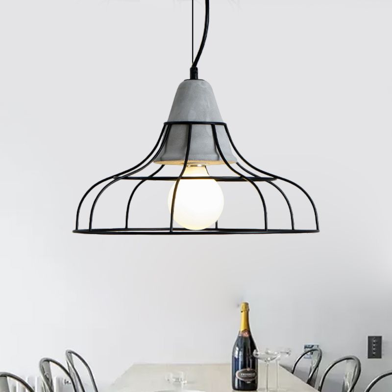 Industrial Cylinder/Dome/Arc Cage Pendant 1 Bulb Iron Hanging Light Kit in Black with Cement Cap