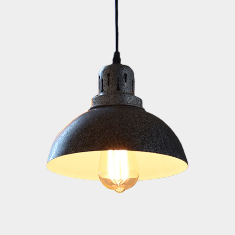 Matte Black 1-Light Ceiling Lighting Rustic Metallic Domed Suspended Pendant Lamp