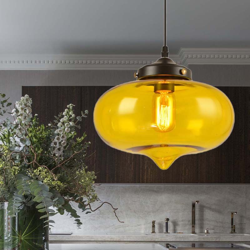 Contemporary Onion Pendant Light Gray/Red/Yellow Glass 1 Head Restaurant Hanging Ceiling Fixture