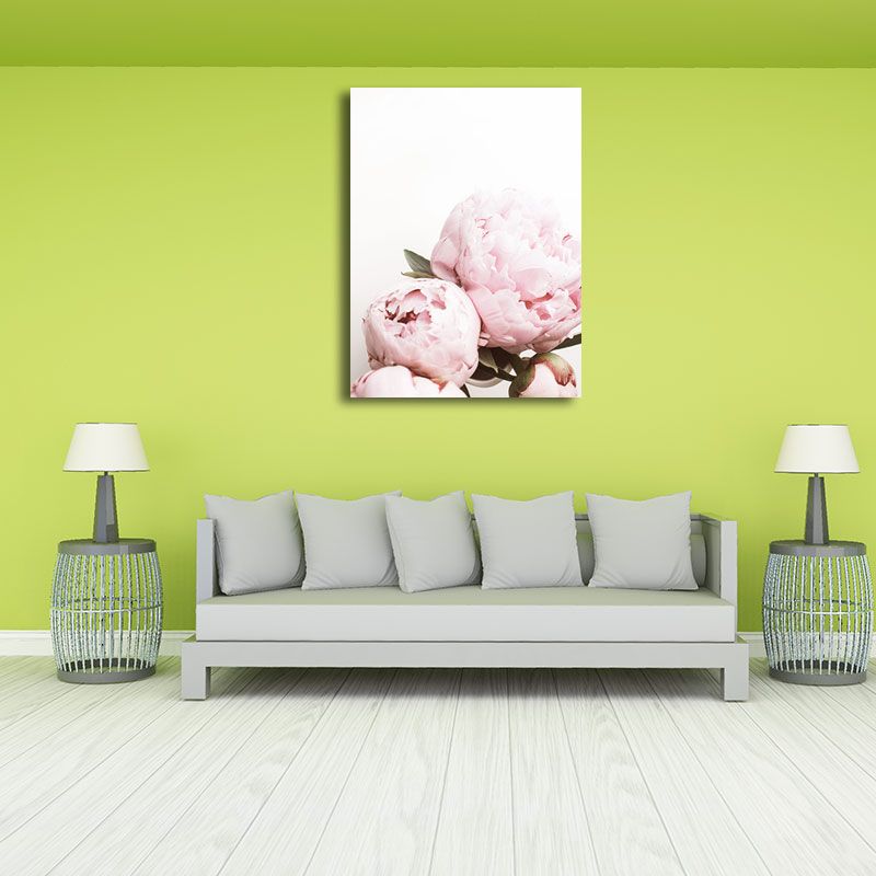 Pink Blossoming Peony Wall Art Flower Nordic Textured Canvas Print for Girls Bedroom