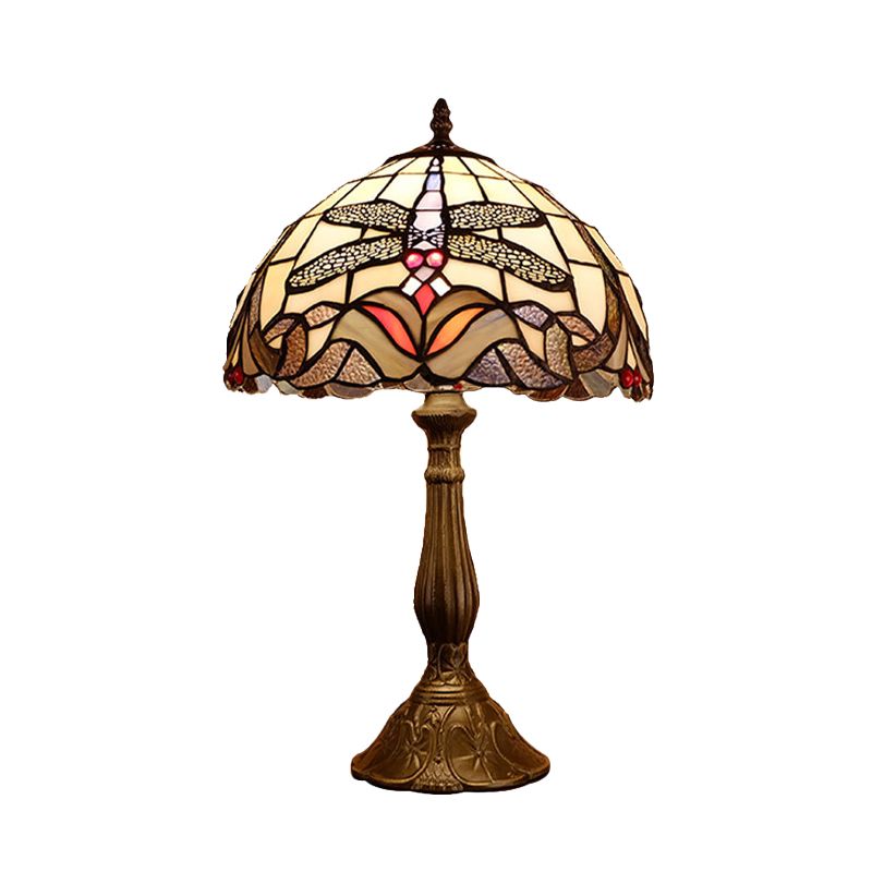 Baroque Dragonfly Table Light 1-Light Stained Glass Night Lamp in Bronze with Bowl Shade