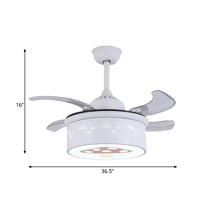 Drum 4 Blades Ceiling Fan Light Kids Metal Living Room 36.5" Wide LED Semi Flush Lamp in White with Mushroom Pattern, Wall/Remote Control