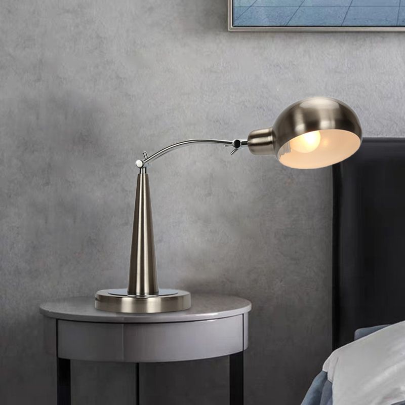 Industrial Dome Shade Reading Light 1 Light Metal Plug-In Table Lamp in Black/Silver with Adjustable Arm