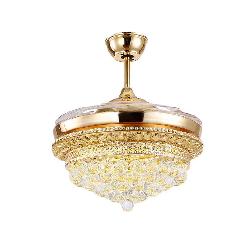 35.5 "brede 4 bladen LED -ventilator Lichtkit Eenvoudige conische weelderige ingelegde kristal semi -flush light armatuur in goud