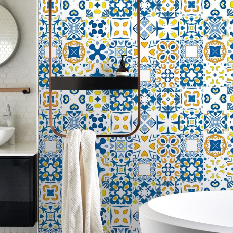 Yellow-Blue Boho Wallpaper Panels 10.3-sq ft Mosaic Tile Peel Wall Covering for Sitting Room