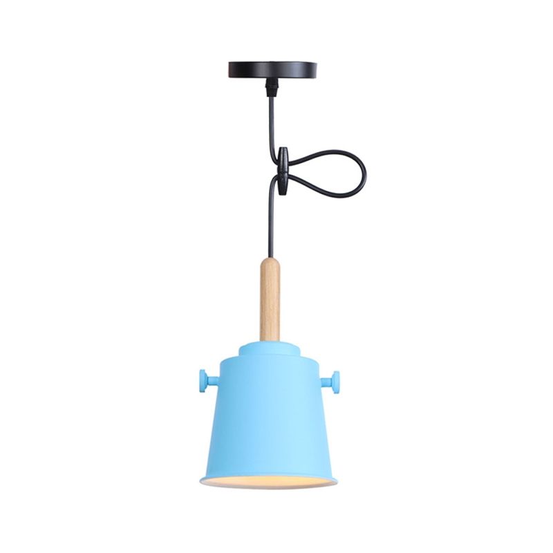 Modern Bucket Hanging Lamp with Adjustable Cord Single Light Metal Pendant Light in Wood