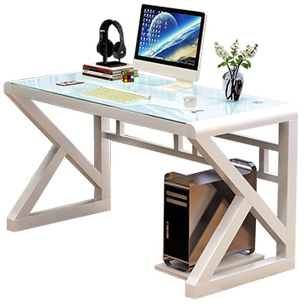 Contemporary Rectangular Computer Desk Toughened Glass Desktop Trestle Base Desk