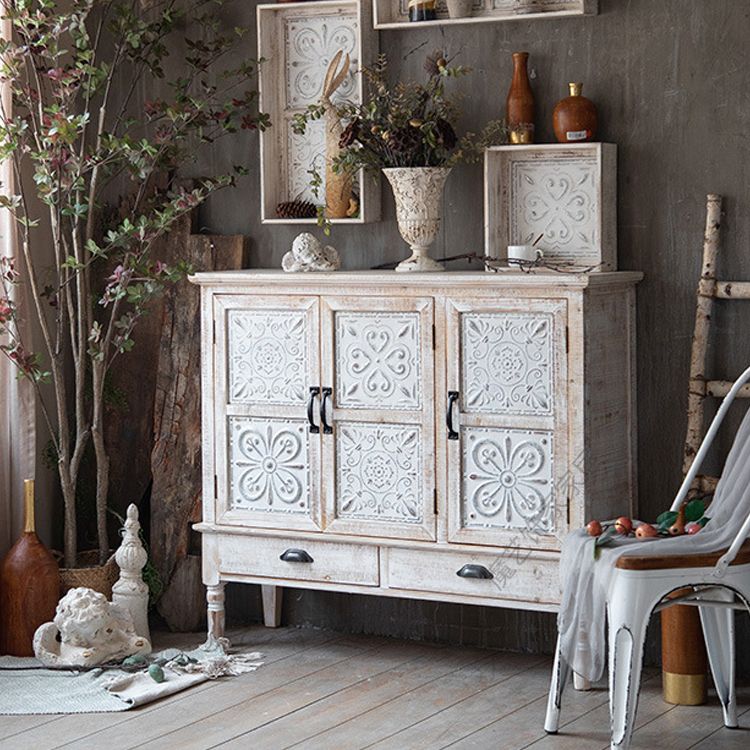 White Industrial Distressed Finish Cabinet with Drawer and Door