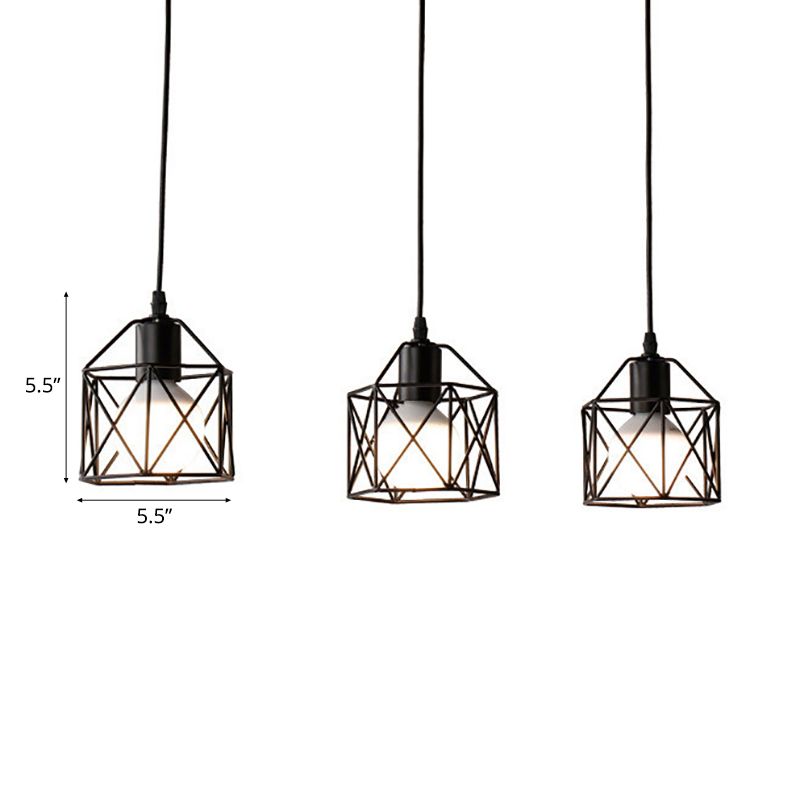 Hexagon Kitchen Ceiling Fixture with Wire Cage Farmhouse Style Metallic 3 Bulbs Black Finish Pendant Light