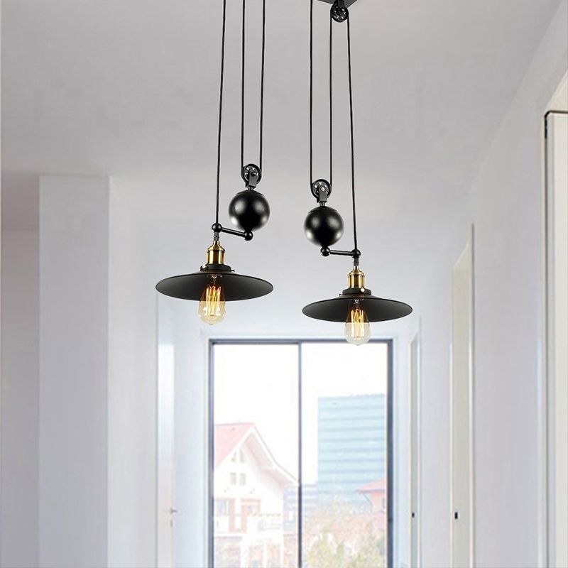 Flared Shade Metal Pendant Lighting Industrial 2 Lights Warehouse Ceiling Light Fixture with Pulley in Black