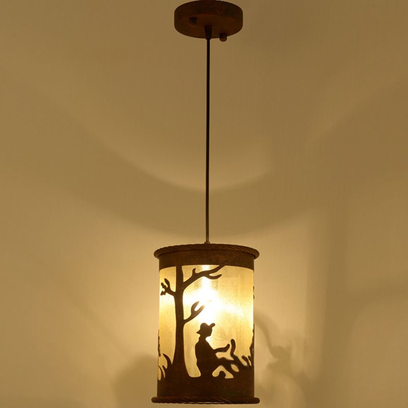 1 Light Cylinder Pendant Lighting Fixture Vintage Rust Metal Hanging Ceiling Light with Fabric and Art Design