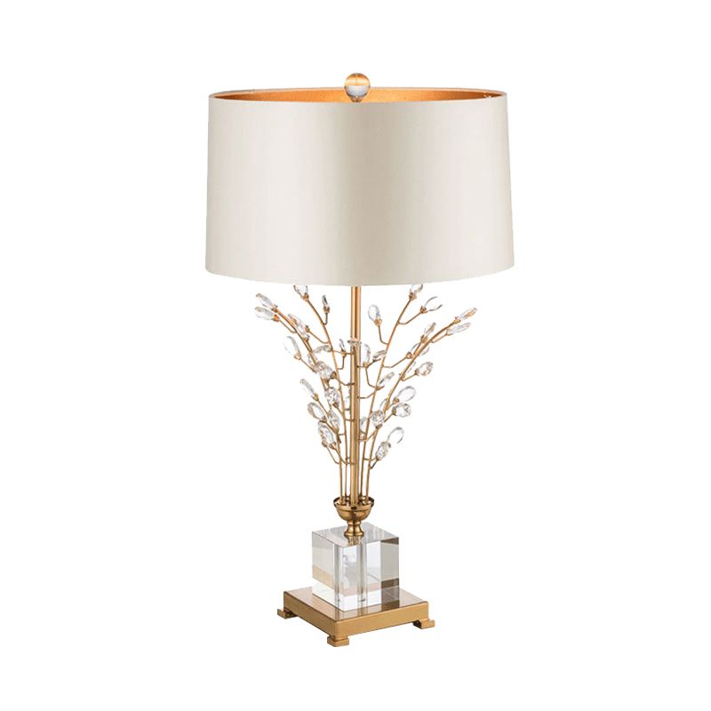 Fabric Drum Table Light Modernism 1 Head Small Desk Lamp in Gold with Crystal Leaf