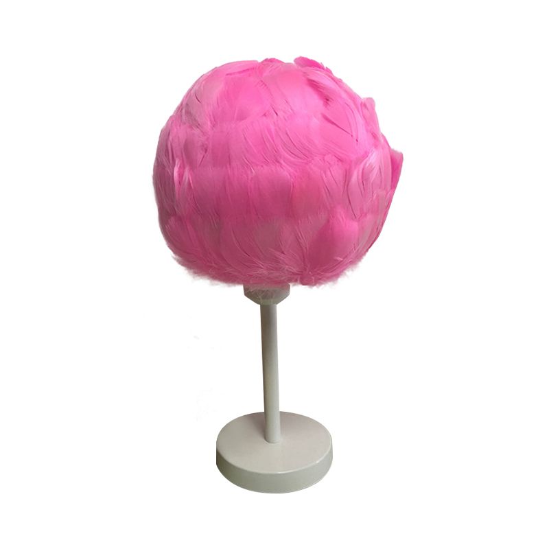 Handmade Sphere Feather Table Light Nordic Style 1-Light White/Pink/Rose Red Nightstand Lamp with Plug-in Cord