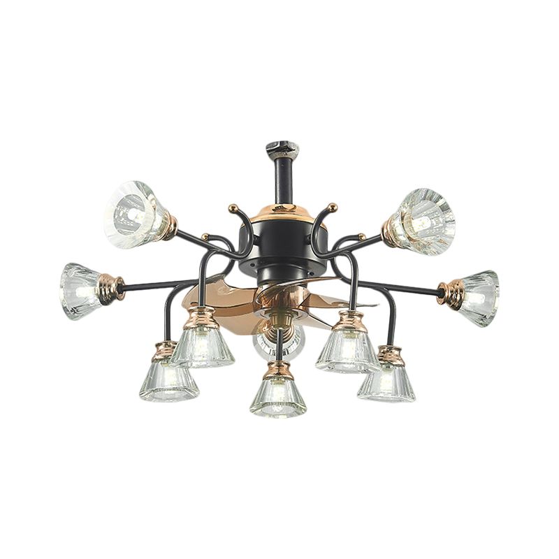 Curved Arms Crystal Bell Shade Semi Flush Traditional 10 Bulbs Living Room 5 Blades Ceiling Fan Light, 25.5" Wide