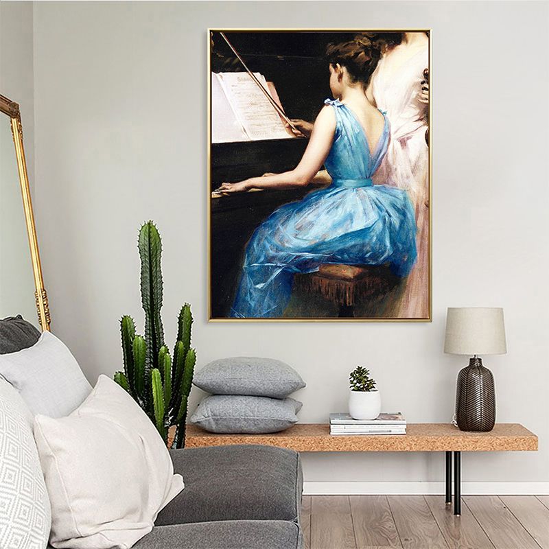 Vintage Musical Canvas Print Girl Playing the Piano Blue Wall Decor for Bedroom, Multiple Sizes