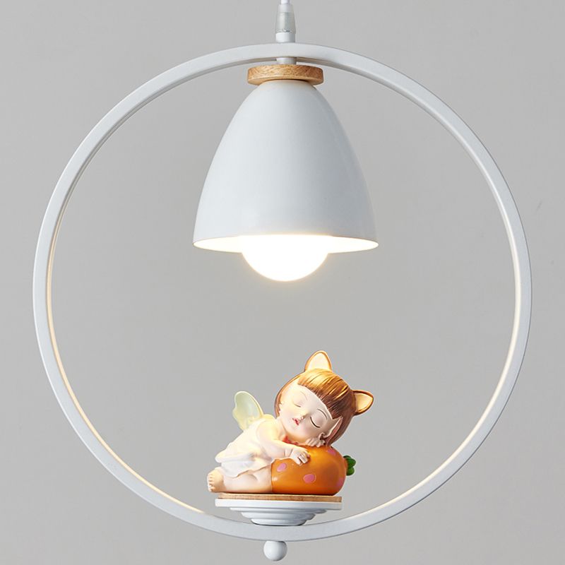 Tapered Shade Metallic Suspension Light Kids Single Textured White Pendant Light with Halo Ring and Resin Figurine