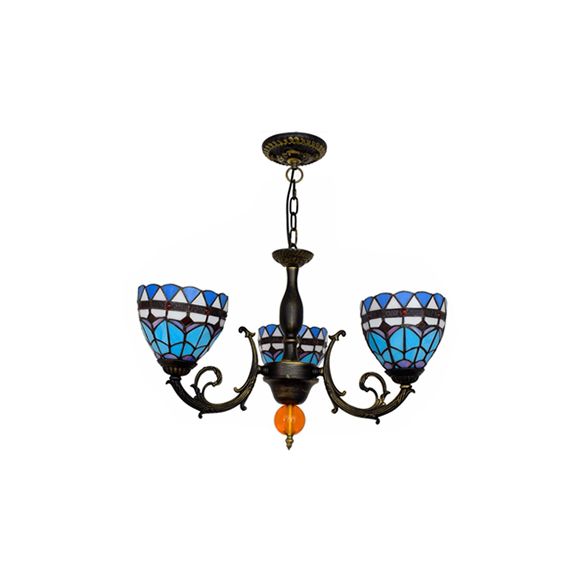 3 Lights Bowl-Shaped Hanging Light Tiffany Stained Glass Chandelier Light with Tulip Pattern for Living Room