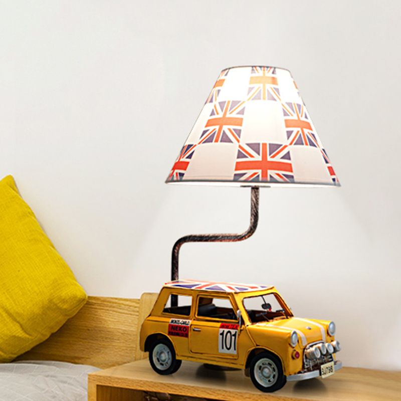 Car Resin Desk Lamp Cartoon 1 Light Yellow Night Table Light with Tapered Fabric Shade