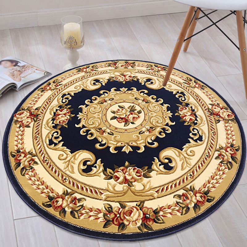 Round Yellow Tone Retro Carpet Polyester European Print Rug Non-Slip Backing Indoor Rug for Bedroom