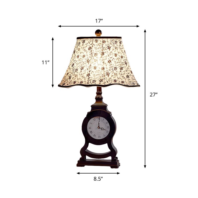 Black 1-Bulb Desk Lamp Classic Fabric Flared Flower Patterned Table Light with Clock Design