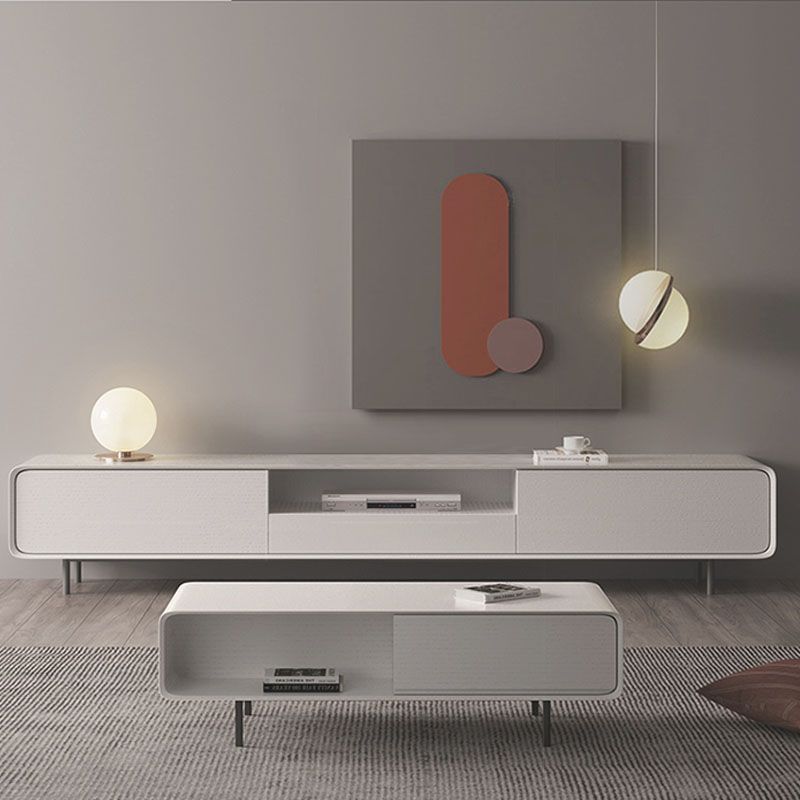 Wood TV Stand Console with Drawers, Modern TV Stand in White