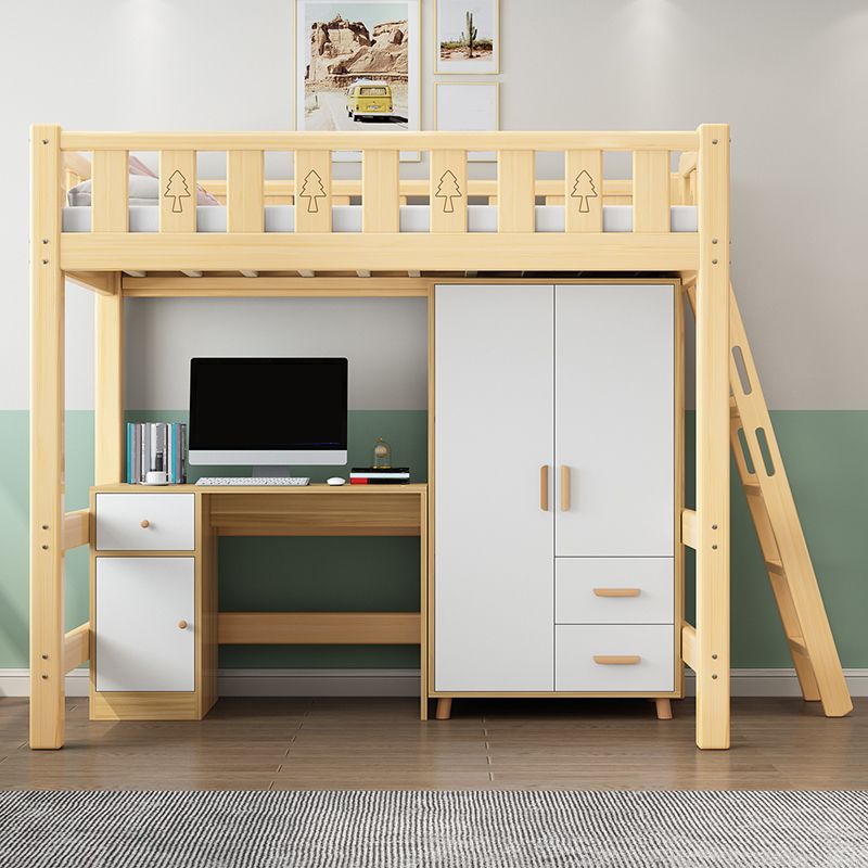 Solid Wood Loft Bed Brown Kids Bed with Built-In Ladder and Guardrail