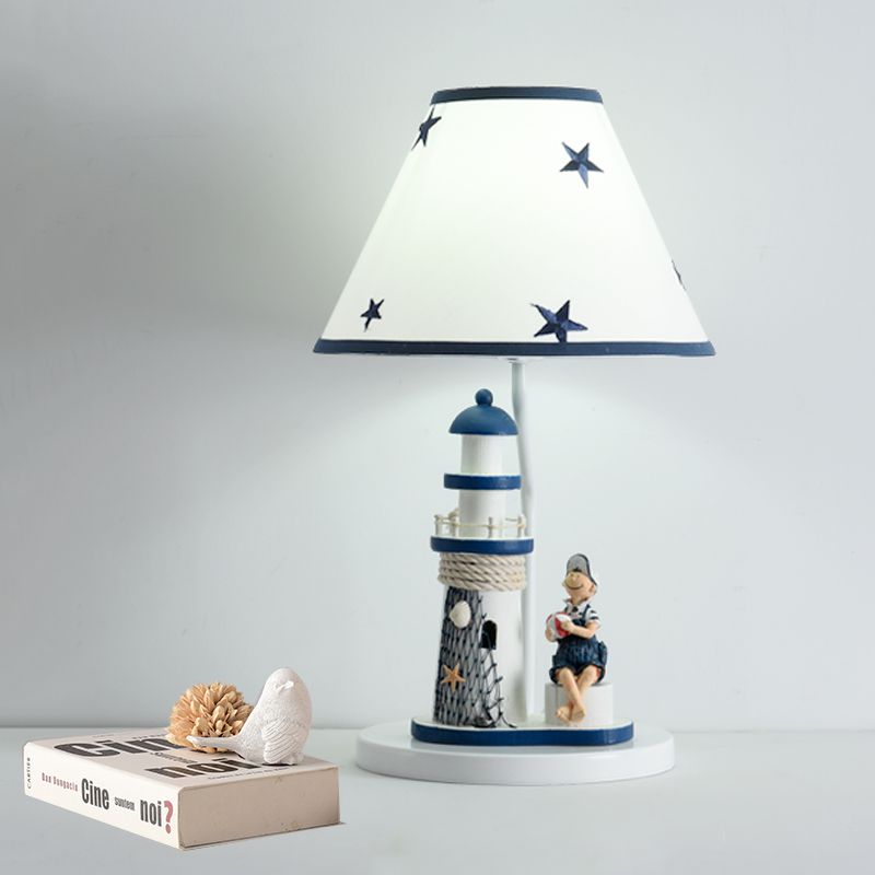 Boy/Girl and Lighthouse Table Light Cartoon Resin 1 Light White/Blue Night Stand Lamp with Tapered Shade