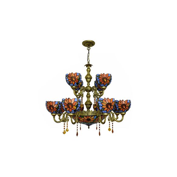 Country Bowl Hanging Light Treated Verre 15 têtes Chandelier en bleu orange pour le salon