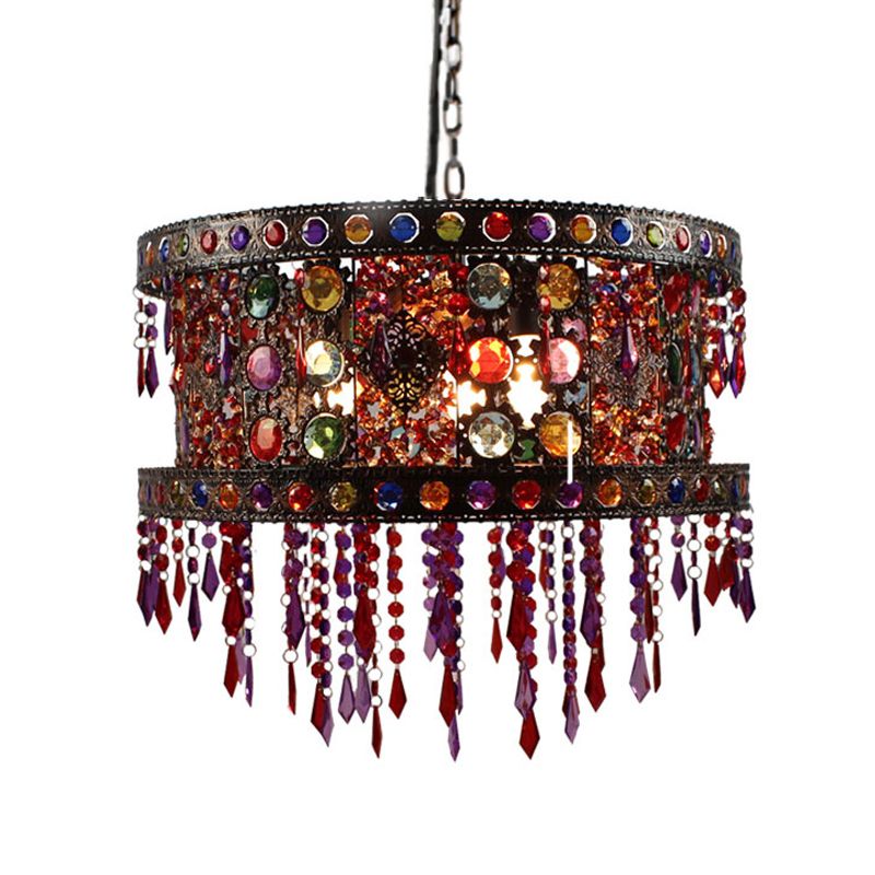 Drum Living Room Ceiling Chandelier Bohemian Metal 3 Lights Bronze Hanging Lamp Kit with Crystal Accent