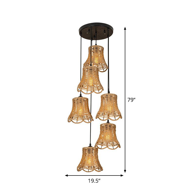 Rural Scalloped Bell Cluster Pendant Light 3/6-Head Rope Wrapped Suspension Lamp in Brown with Round/Linear Canopy