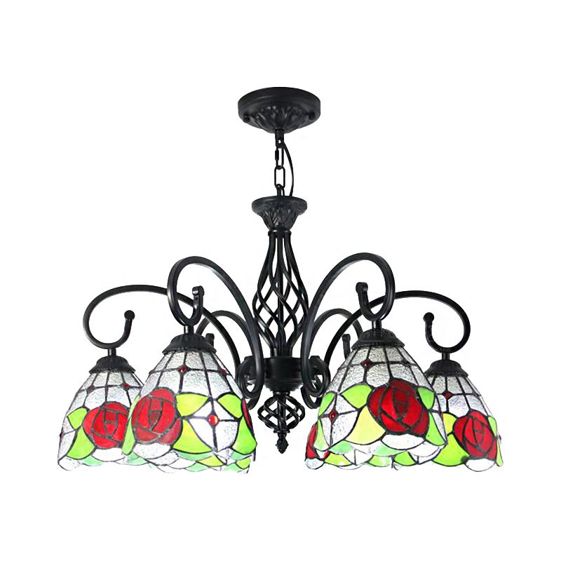 Tiffany Rose Chandelier Light 6 Lights Stained Glass Indoor Pendant Light in Red for Living Room