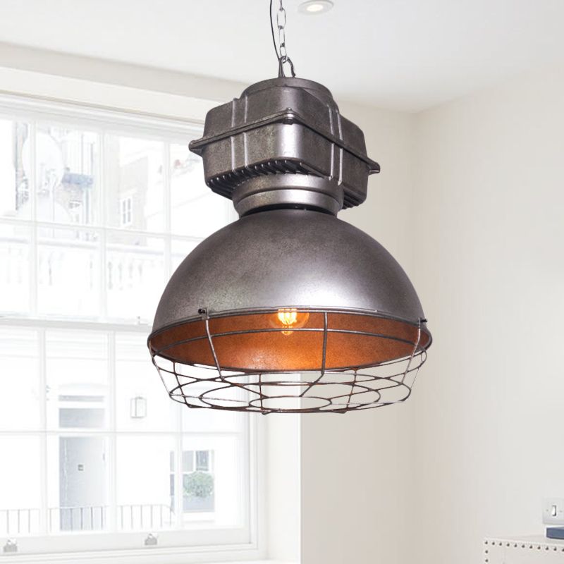 Vintage Dome -Anhänger Deckenleuchte 1 Kopf Metallic Hanging Lamp in Silber mit Käfig