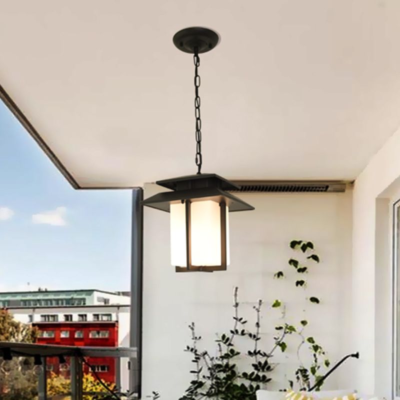 Milk Glass Black Suspension Pendant Lantern 1 Light Countryside Hanging Light for Balcony