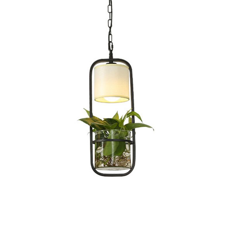 Cylinder LED Pendant Light Fixture Rustic Black/White/Gold Fabric Hanging Light in Warm/White Light with Plant Cup